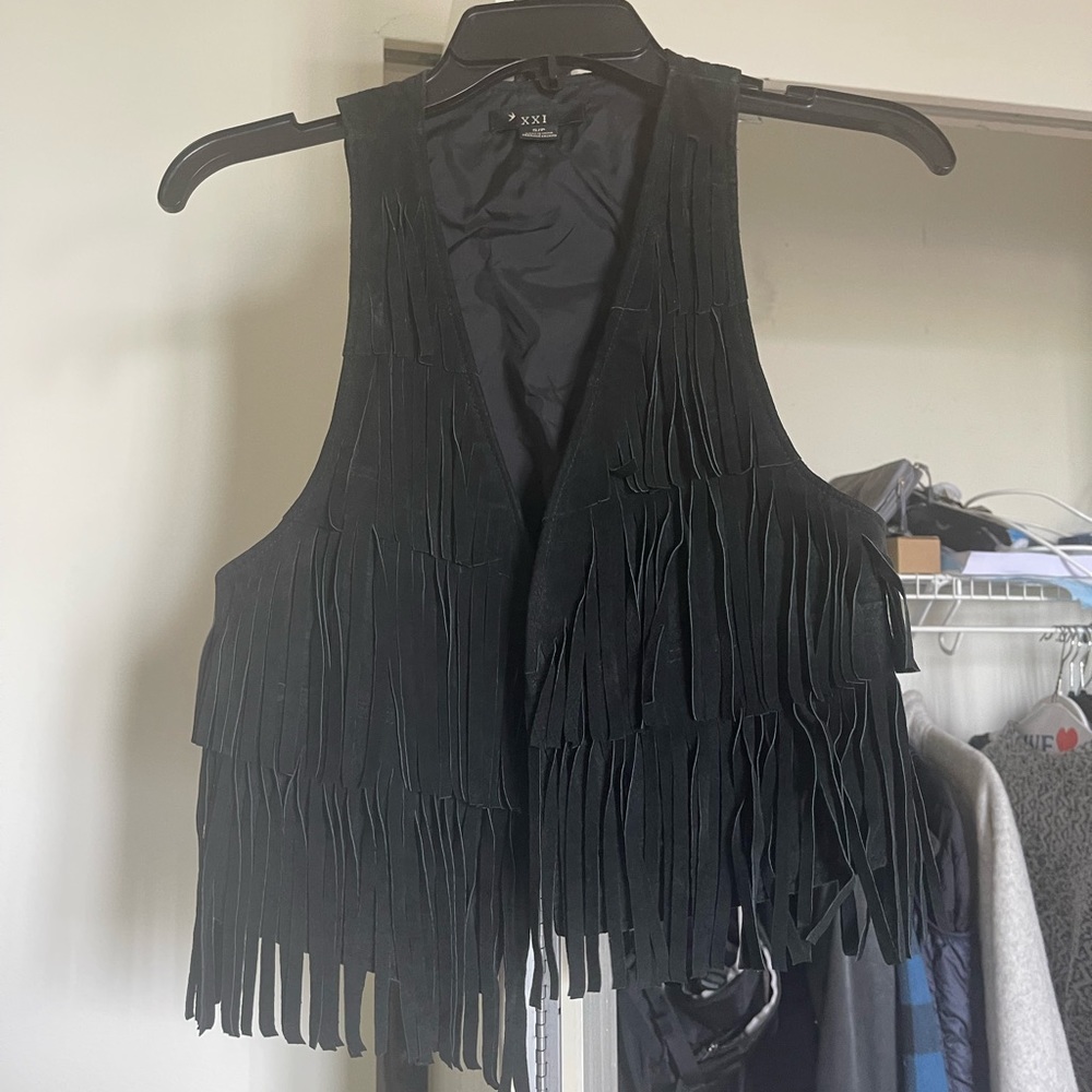 Black Fringe (artificial Suede) Vest - forever 21